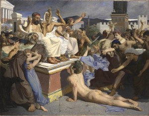 Phidippides by Luc-Olivier Merson.  According to popular legend, Phidippides brought news from the battlefield at Marathon to Athens that the Persian army was defeated.  He collapsed and died due to extreme physical exertion, but not before he uttered the words, "We have won".